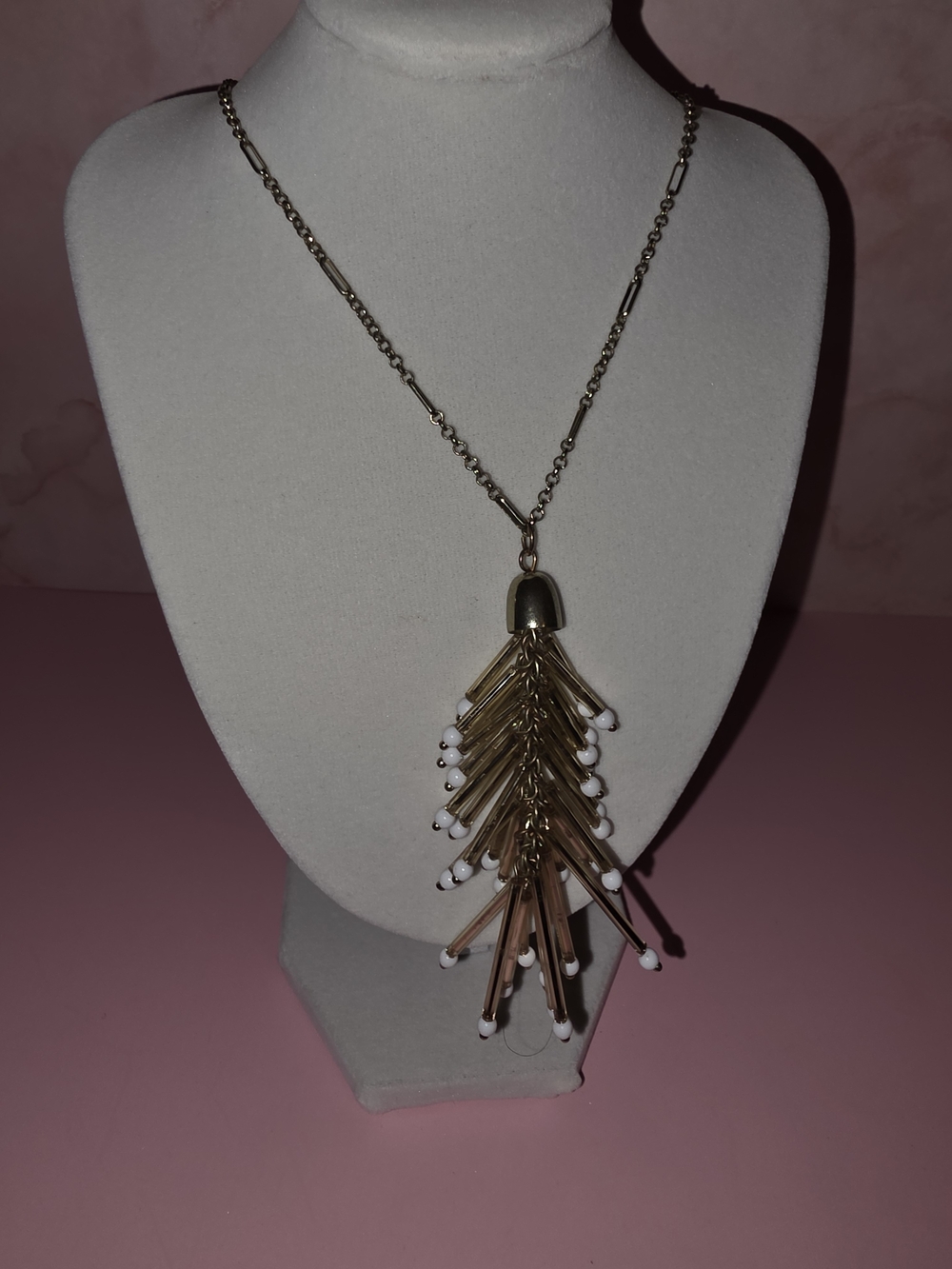 Gold Tassel Pendant Necklace with White Bead Accents - Women